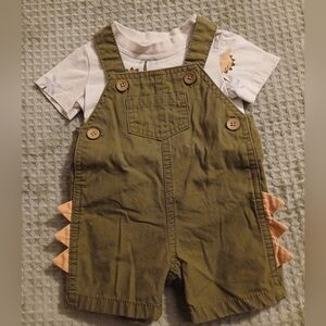 Olive Green Kids Overalls with Dinosaur Design